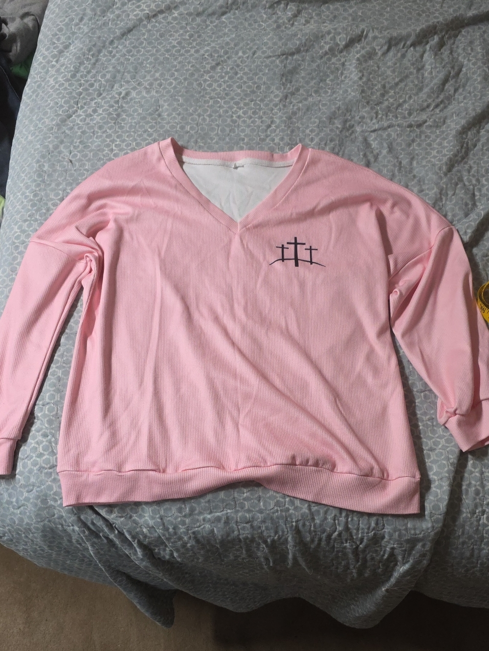 Oversized Medium Pink V-Neck Pullover Sweatshirt with Cross Logo